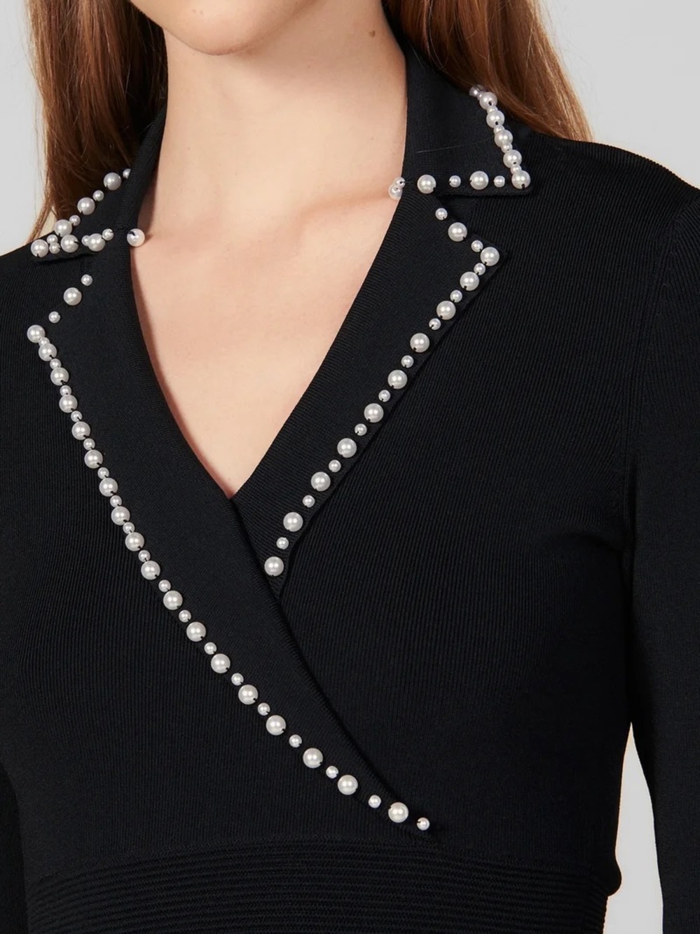 Sandro Paris Pearl Lapel Long Sleeve Fit & Flare Sweater Mini Dress - Black - Picture 2 of 16